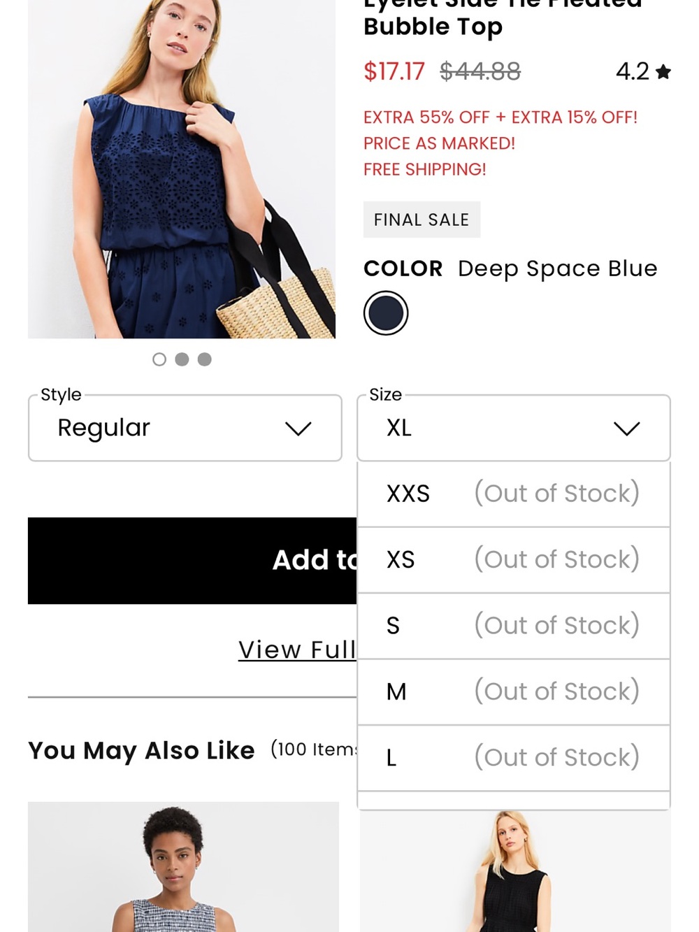 LOFT Navy Eyelet Drawstring Shell Top - Picture 4 of 5